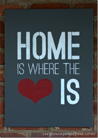 A DIY stenciled sign using the Home Is Where The Heart Is Quote Stencil on canvas. http://www.cuttingedgestencils.com/home-is-wall-quote-stencil.html