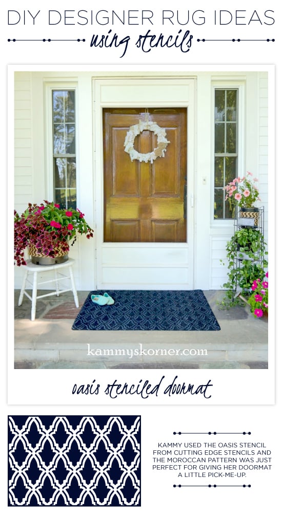 A DIY stenciled outdoor rug using the Oasis Stencil and white paint pen. http://www.cuttingedgestencils.com/moroccan-stencil-oasis.html