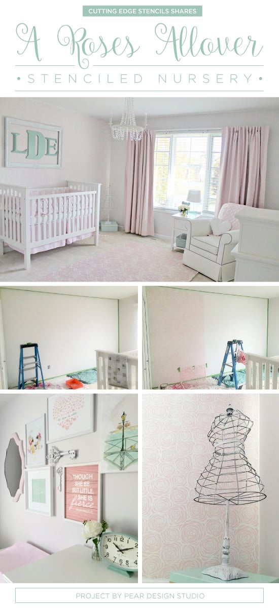 Cutting Edge Stencils shares a vintage chic nursery featuring a DIY stenciled accent wall using the Roses Allover Stencil. http://www.cuttingedgestencils.com/roses-stencil-pattern-rose-design.html