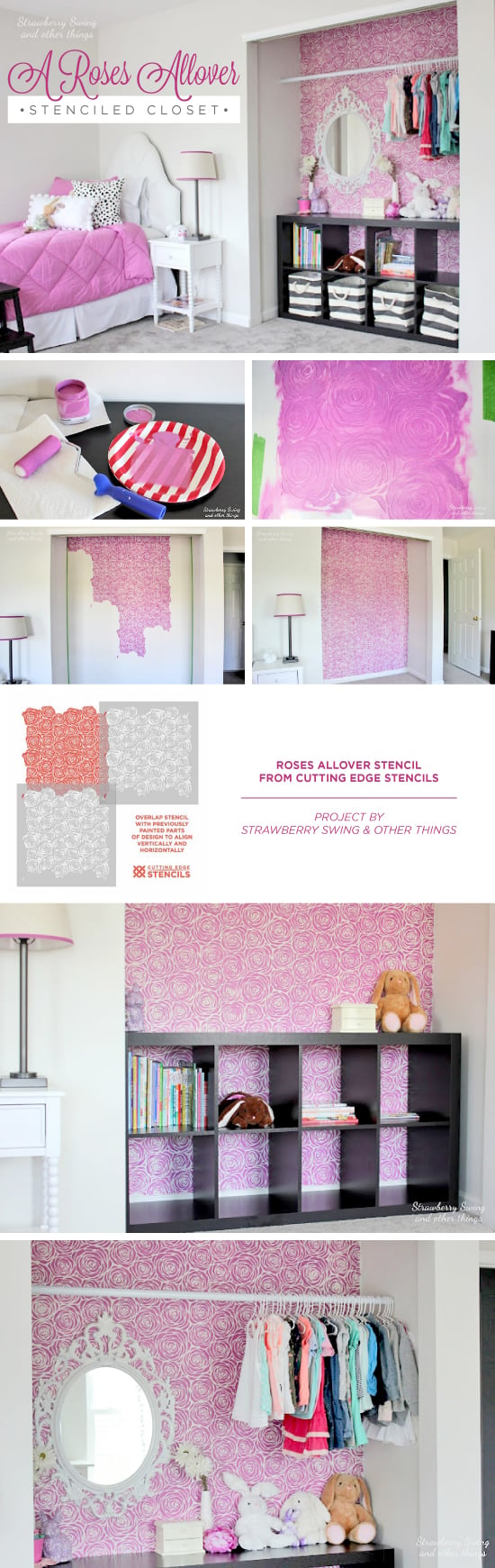 Cutting Edge Stencils shares a DIY stenciled closet idea in a girl's bedroom using the Roses Allover Stencil in Pantone's radiant orchid. http://www.cuttingedgestencils.com/roses-stencil-pattern-rose-design.html