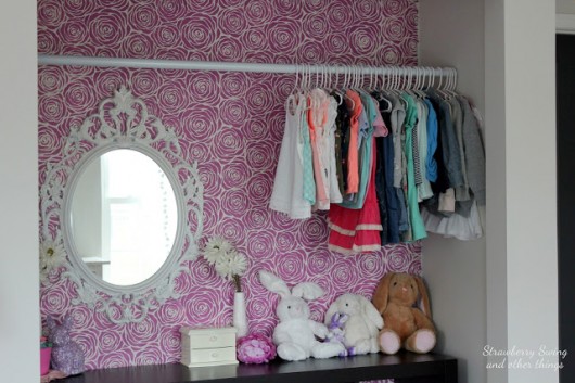 A DIY stenciled closet using the Roses Allover Stencil in Radiant Orchid. http://www.cuttingedgestencils.com/roses-stencil-pattern-rose-design.html