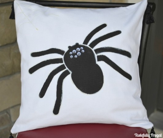 A DIY glow in the dark Halloween stenciled accent pillow using the Spider Pillow Stencil kit. http://www.cuttingedgestencils.com/spider-stencil-halloween-decoration-accent-pillows.html
