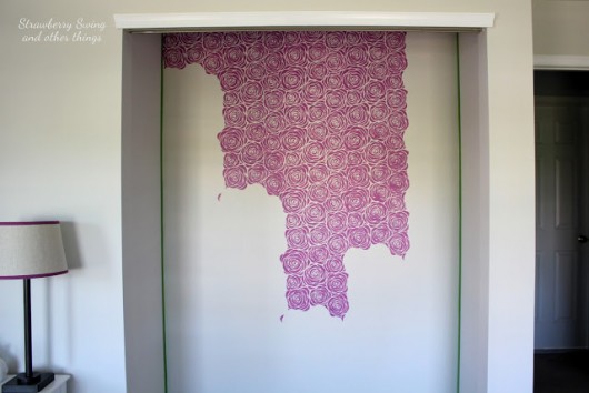 Stenciling a DIY closet using the Roses Allover Stencil in radiant orchid purple. http://www.cuttingedgestencils.com/roses-stencil-pattern-rose-design.html