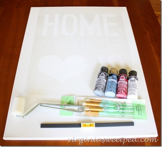 Supplies needed to stencil a DIY sign using the Home Is Where The Heart Is Wall Stencil. http://www.cuttingedgestencils.com/home-is-wall-quote-stencil.html