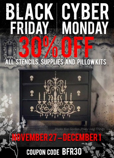 Black Friday/ Cyber Monday Stencil Sale- Take 30 percent off all stencils, supplies, and pillow kits using the code BFR30. http://www.cuttingedgestencils.com/wall-stencils.html