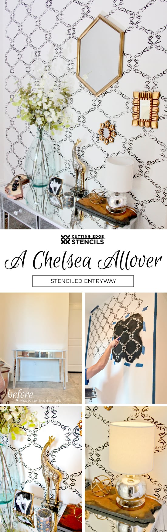 Cutting Edge Stencils shares DIY stenciled entryway using the Chelsea Allover Stencil. http://www.cuttingedgestencils.com/chelsea-allover-wall-pattern.html