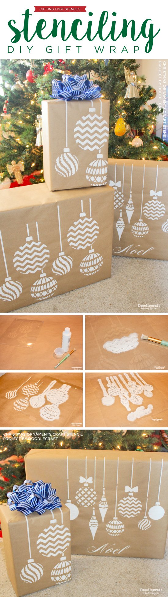 Cutting Edge Stencils shares how to stencil DIY gift wrap using Christmas Ornaments Stencil and Kraft paper. http://www.cuttingedgestencils.com/diy-christmas-decor-craft-and-furniture-stencils.html
