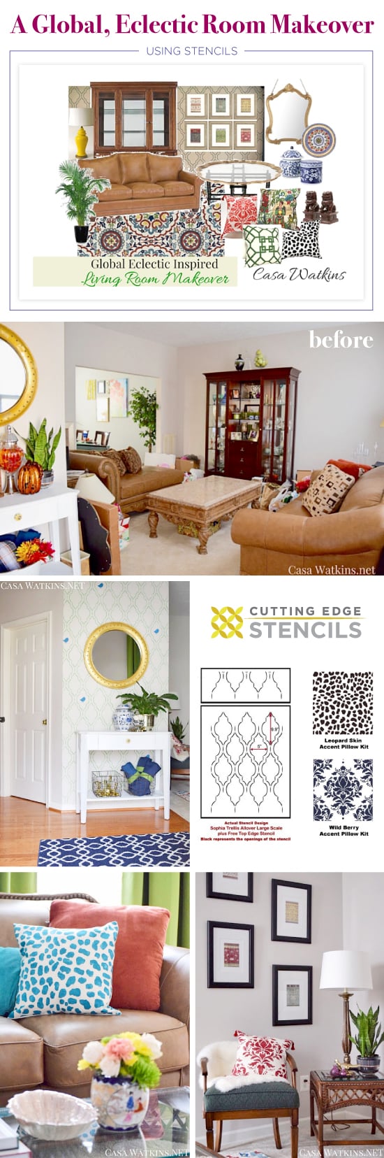 Cutting Edge Stencils shares a living room and entryway makeover that uses the Sophia Trellis and stenciled accent pillow kits for a global, eclectic style. http://www.cuttingedgestencils.com/sophia-trellis-stencil-geometric-wall-pattern.html