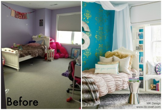 A before and after for a DIY stenciled tween girl bedroom using the Oceana Damask Stencil in metallic gold. http://www.cuttingedgestencils.com/stencil-nautical-decor.html