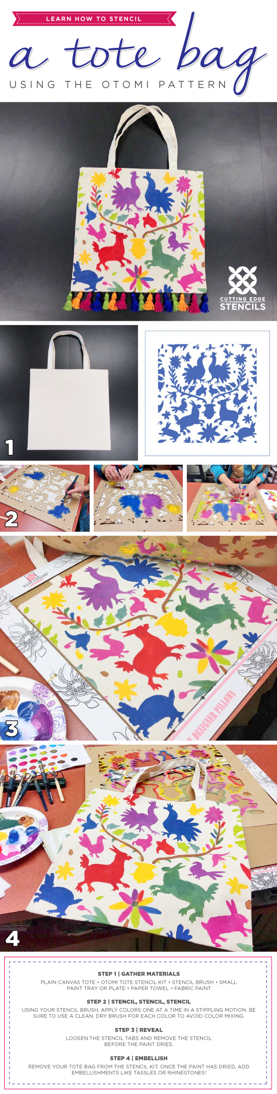 Cutting Edge Stencils shares a stencil tutorial on how to paint a DIY cotton tote bag using the Otomi Tribal Stencil. http://www.cuttingedgestencils.com/otomi-stencil-paint-a-pillow-kit.html