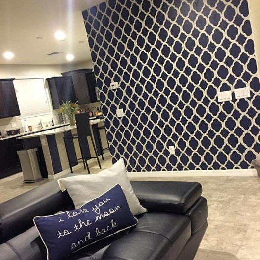 A DIY navy and gray stenciled accent wall using the Rabat Allover Stencil from Cutting Edge Stencils. http://www.cuttingedgestencils.com/moroccan-stencil-pattern-3.html