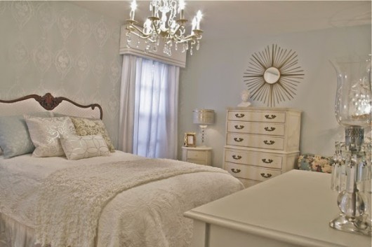 A DIY stenciled bedroom with a Hollywood Regency style featuring the Rachel's Garden Allover Stencil. http://www.cuttingedgestencils.com/stencil-allover-pattern-2.html