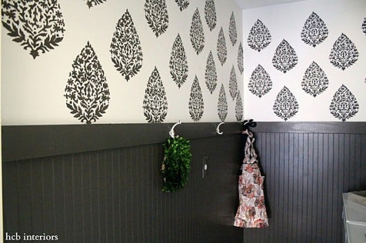 A DIY laundry room using the Sari Paisley Allover Stencil from Cutting Edge Stencils. http://www.cuttingedgestencils.com/sari-paisley-allover-stencil.html