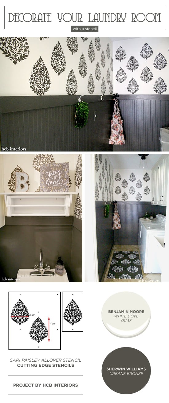 Cutting Edge Stencils shares a DIY stenciled laundry room makeover using the Sari Paisley Allover wall stencil. http://www.cuttingedgestencils.com/sari-paisley-allover-stencil.html