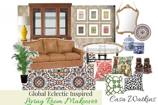 A DIY living room design board by Casa Watkins using the Sophia Trellis Allover Stencil from Cutting Edge Stencils and stenciled accent pillow kits. http://www.cuttingedgestencils.com/sophia-trellis-stencil-geometric-wall-pattern.html