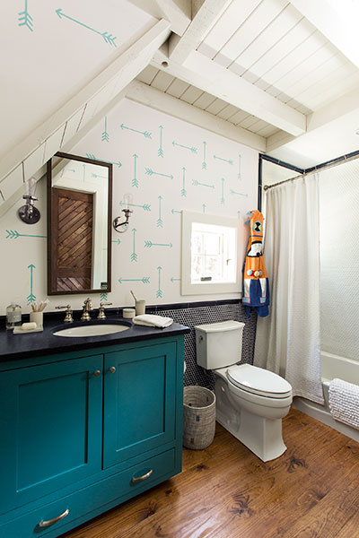 A DIY stenciled bathroom using the Tribal Arrows Allover Stencil spotted in the Idea House from This Old House Magazine. http://www.cuttingedgestencils.com/tribal-arrow-pattern-stencils-wall-decor.html