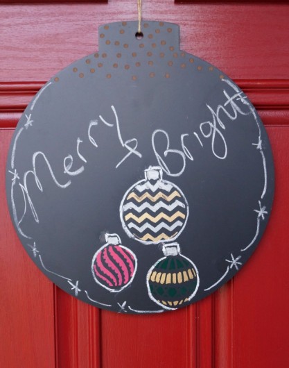 A DIY stenciled chalkboard door hanger using the Christmas Ornaments Card Stencil from Cutting Edge Stencils. http://www.cuttingedgestencils.com/christmas-ornaments-card-making-stencil-design.html