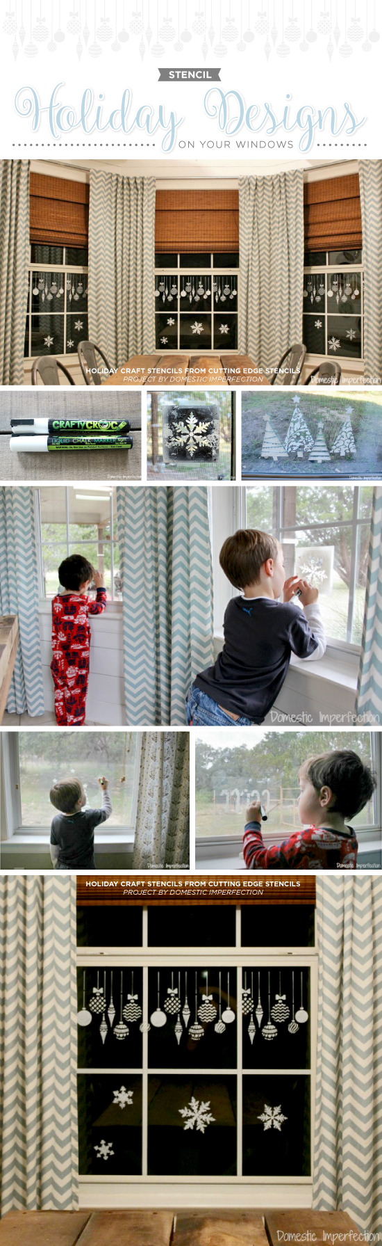 Cutting Edge Stencils shares how to decorate your windows using holiday themed stencils and a chalk marker. http://www.cuttingedgestencils.com/diy-christmas-decor-craft-and-furniture-stencils.html
