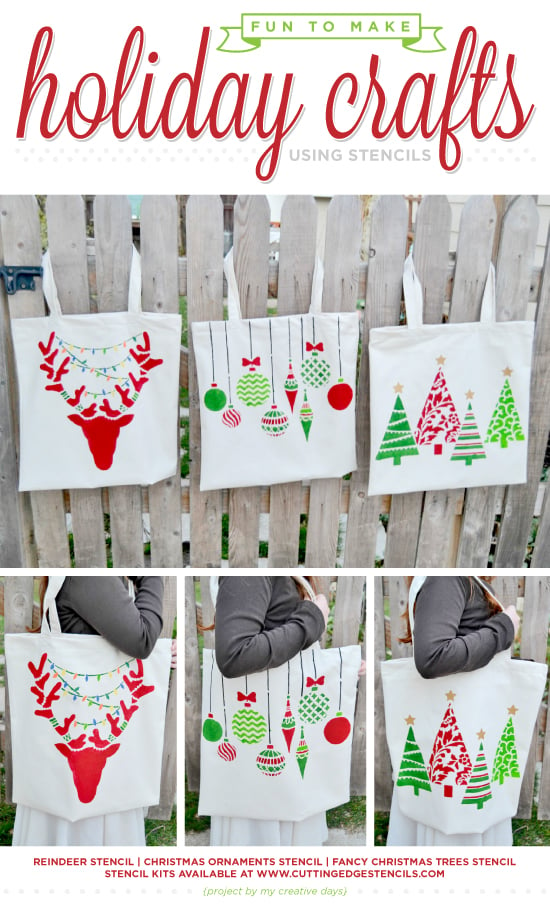 Cutting Edge Stencils shares DIY stenciled Holiday tote bags using stencils. http://www.cuttingedgestencils.com/accent-pillow-painted-tote-stencils.html