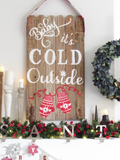 DIY stenciled Winter Holiday mantel art using the Mittens Craft Stencil from Cutting Edge Stencils on reclaimed wood. http://www.cuttingedgestencils.com/mittens-holiday-decor-stencils-for-diy-crafts.html