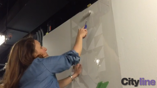 Stenciling an accent wall using the Shapes Allover Stencil from Cutting Edge Stencils on Cityline. http://www.cuttingedgestencils.com/shapes-allover-geometric-stencil.html