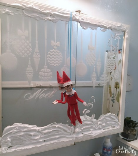 A DIY stenciled bathroom mirror using the Christmas Ornaments Stencil from Cutting Edge Stencils. http://www.cuttingedgestencils.com/christmas-ornamnets-accent-pillow-stencil-kit.html