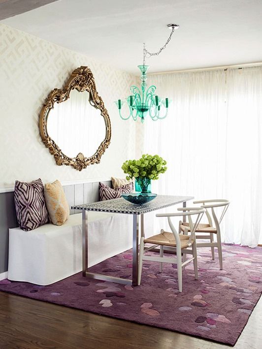 A DIY stenciled accent wall in a dining space using the African Kuba Allover Stencil from Cutting Edge Stencils. http://www.cuttingedgestencils.com/african-kuba-stencil-kim-myles.html