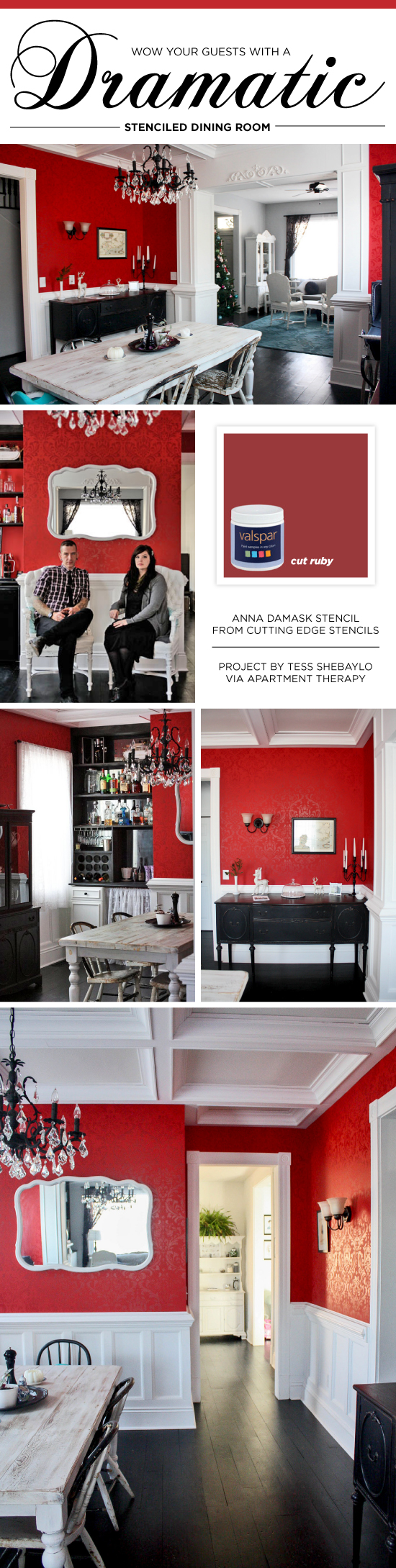 Cutting Edge Stencils shares a DIY bold red stenciled dining room featuring the Anna Damask Stencil. http://www.cuttingedgestencils.com/damask-stencil.html