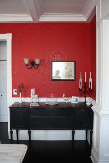 A DIY stenciled red dining room using the Anna Damask Stencil from Cutting Edge Stencils. http://www.cuttingedgestencils.com/damask-stencil.html