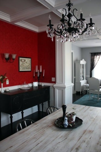 A DIY stenciled red dining room using the Anna Damask Stencil from Cutting Edge Stencils. http://www.cuttingedgestencils.com/damask-stencil.html