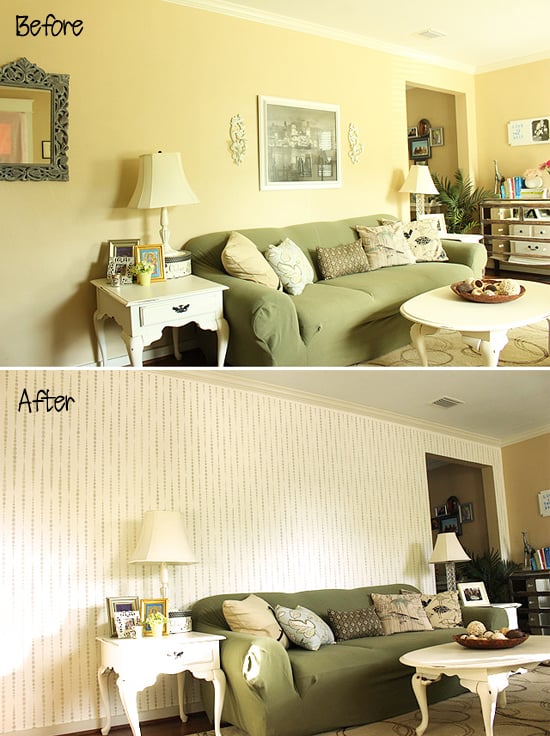 Before and after photos of a living room makeover with a stenciled accent wall using the Beads Allover Stencil from Cutting Edge Stencils. http://www.cuttingedgestencils.com/beads-wall-stencil-pattern.html