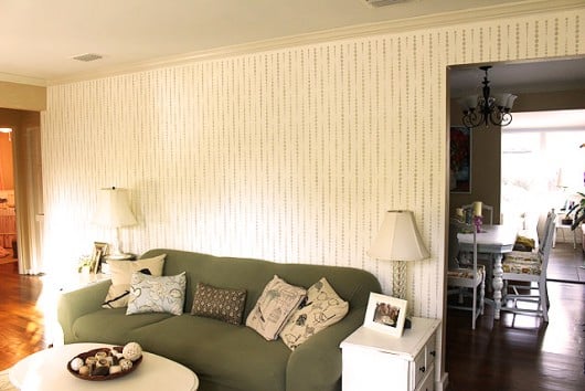 A DIY stenciled living room accent wall using the Beads Allover Stencil from Cutting Edge Stencils. http://www.cuttingedgestencils.com/beads-wall-stencil-pattern.html