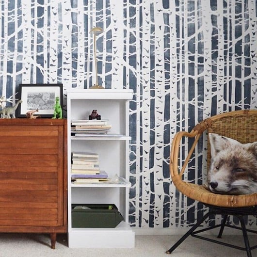 A DIY stenciled accent wall in a boys bedroom using the Birch Forest Allover Stencl from Cutting Edge Stencils. http://www.cuttingedgestencils.com/allover-stencil-birch-forest.html