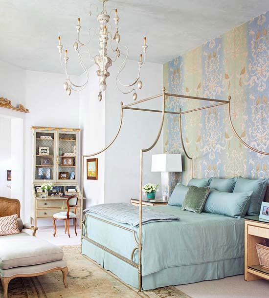 A DIY stenciled accent wall in a bedroom using the Birds of Paradise Damask Stencil from Cutting Edge Stencils. http://www.cuttingedgestencils.com/birds-pattern-stencil.html