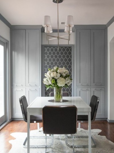 A DIY stenciled gray dining room using the Casablanca Allover Stencil from Cutting Edge Stencils. http://www.cuttingedgestencils.com/allover-stencils.html