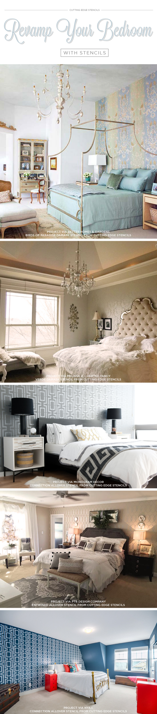 Cutting Edge Stencils shares bedroom decorating ideas featuring DIY stenciled accent walls. http://www.cuttingedgestencils.com/wall-stencils-stencil-designs.html