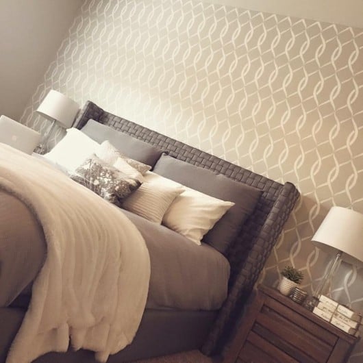 A DIY stenciled bedroom accent wall using the Entwined Allover Stencil from Cutting Edge Stencils. http://www.cuttingedgestencils.com/stencil-pattern-2.html