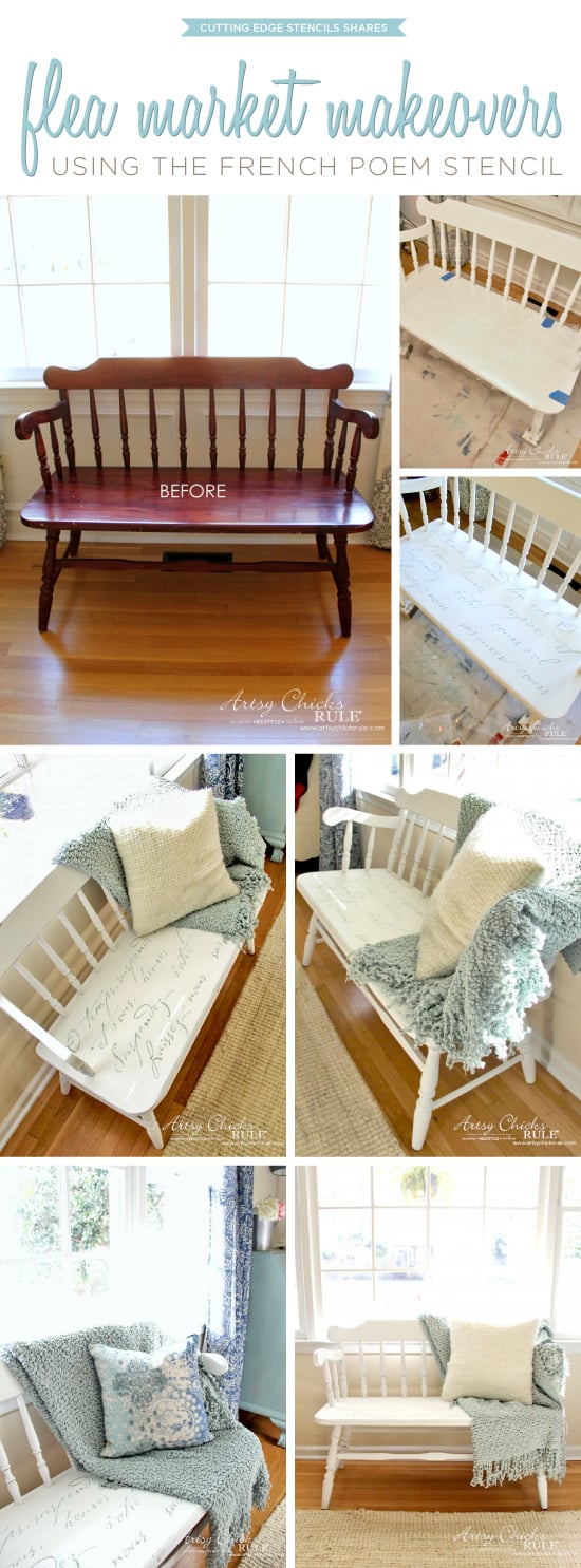 A DIY stenciled bench makeover using the French Poem Stencil from Cutting Edge Stencils. http://www.cuttingedgestencils.com/french-poem-diy-craft-stencil-design.html