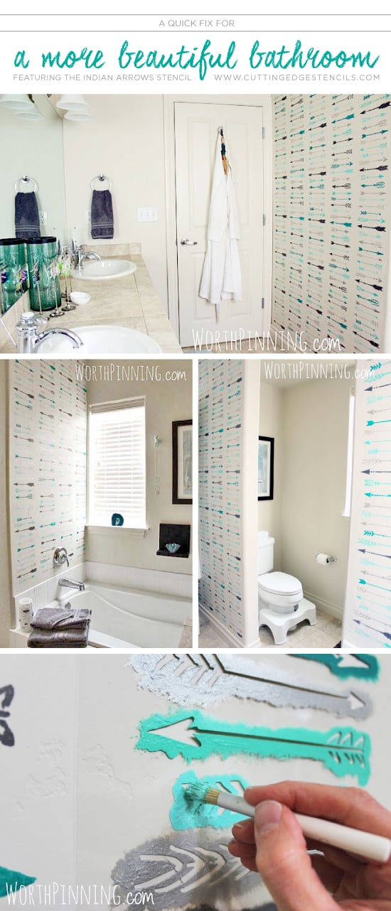 Cutting Edge Stencils shares a DIY stenciled bathroom makeover using the Indian Arrows Allover Stencil.  http://www.cuttingedgestencils.com/indian-arrows-stencil-pattern-for-walls.html