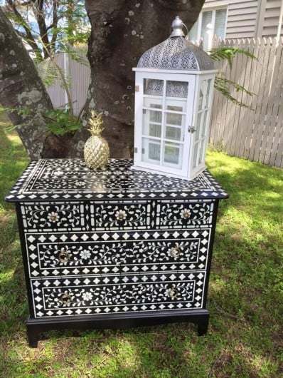 A DIY stenciled dresser in navy and cream using the Indian Inlay Stencil Kit from Cutting Edge Stencils. http://www.cuttingedgestencils.com/indian-inlay-stencil-furniture.html