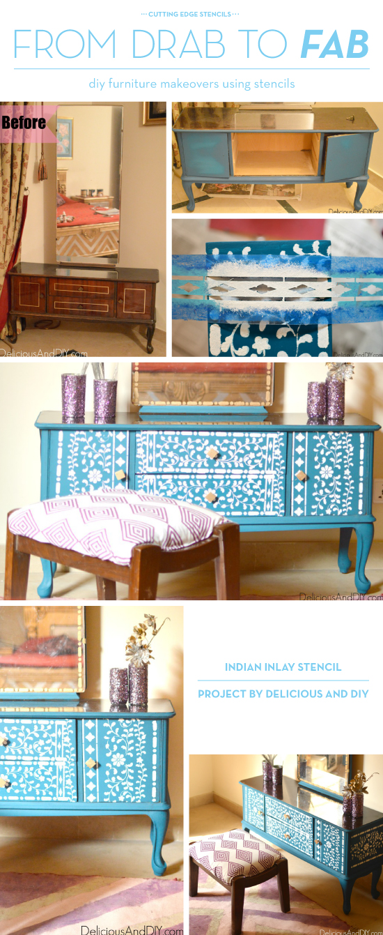 A DIY stenciled dresser using the Indian Inlay Stencil Kit from Cutting Edge Stencils. http://www.cuttingedgestencils.com/indian-inlay-stencil-furniture.html