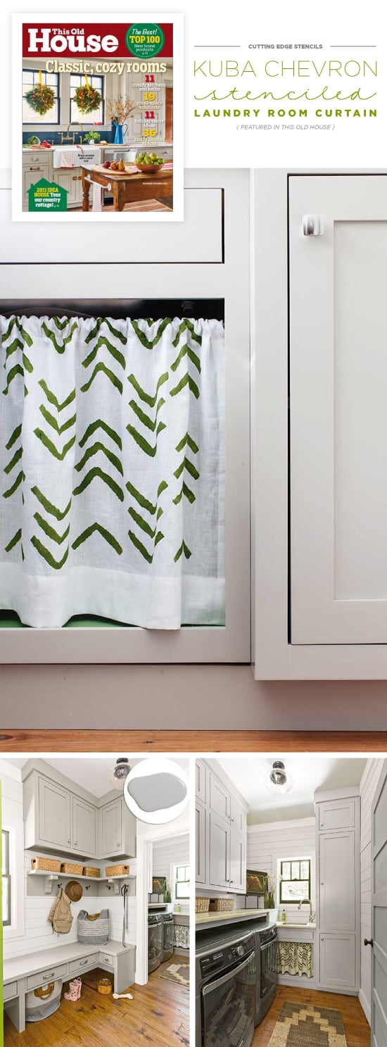 A DIY stenciled laundry room under the sink curtain using the Kuba Chevron Stencil in green from Cutting Edge Stencils. http://www.cuttingedgestencils.com/kuba-chevron-stencil-kim-myles.html