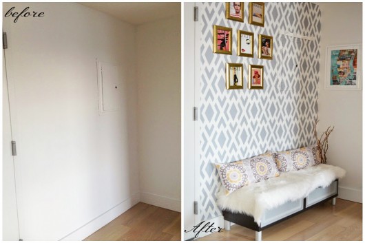 A before and after of a DIY stenciled entryway using the Alexa Allover Stencil from Cutting Edge Stencils. http://www.cuttingedgestencils.com/alexa-allover-wall-pattern.html
