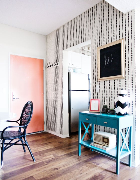 A DIY stenciled entryway wall using the Beads Allover Stencil from Cutting Edge Stencils for a wallpaper look. http://www.cuttingedgestencils.com/beads-wall-stencil-pattern.html