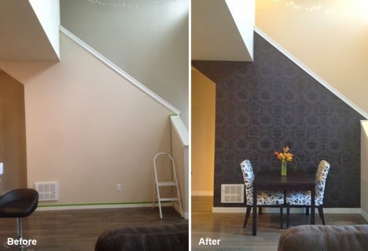 Before and after of a DIY stenciled accent wall using the Gabrielle Damask Stencil from Cutting Edge Stencils. http://www.cuttingedgestencils.com/damask-stencil-3.html