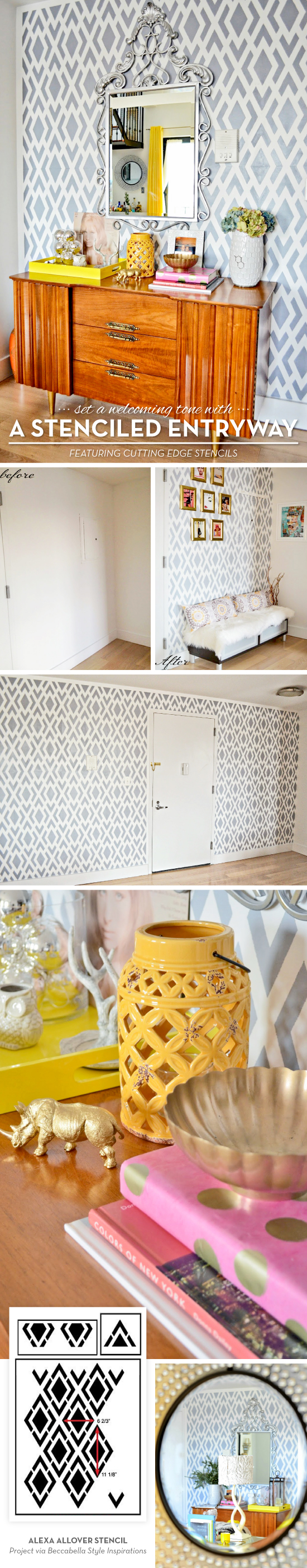 Cutting Edge Stencils shares a DIY stenciled entryway makeover using the Alexa Allover wall pattern to set a welcoming tone. http://www.cuttingedgestencils.com/alexa-allover-wall-pattern.html