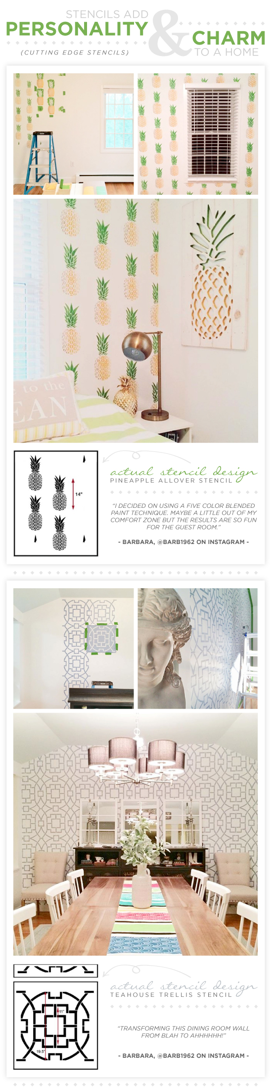 Cutting Edge Stencils are a DIY solution to wallpaper and can personalize your abode without breaking the bank. http://www.cuttingedgestencils.com/tea-house-trellis-allover-stencil-pattern.html