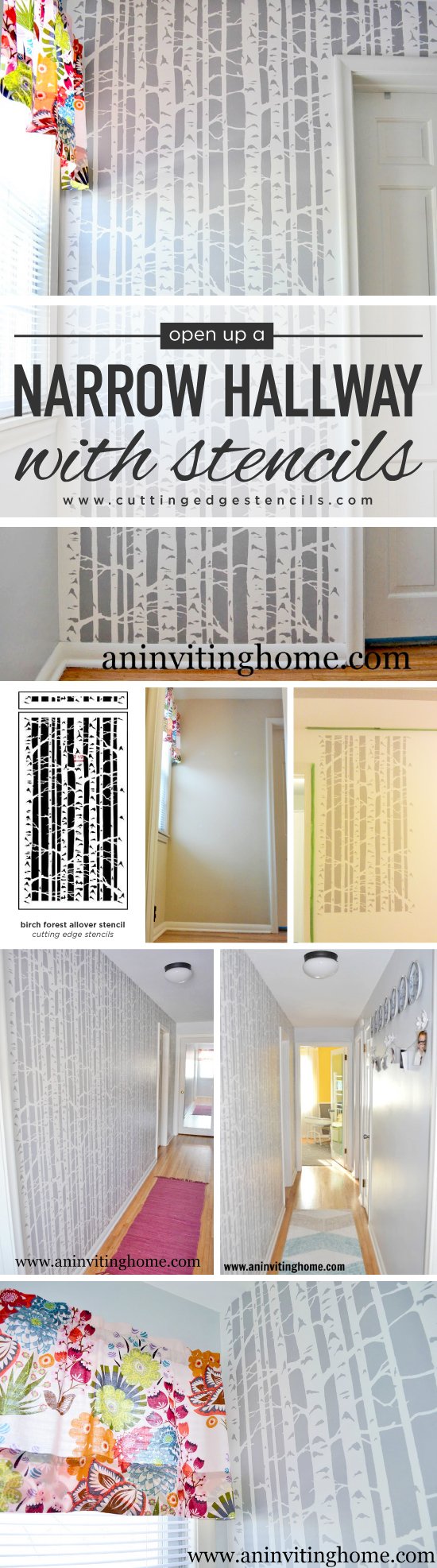 Cutting Edge Stencils shares a DIY stenciled hallway project using the Birch Forest Allover Stencil. http://www.cuttingedgestencils.com/allover-stencil-birch-forest.html