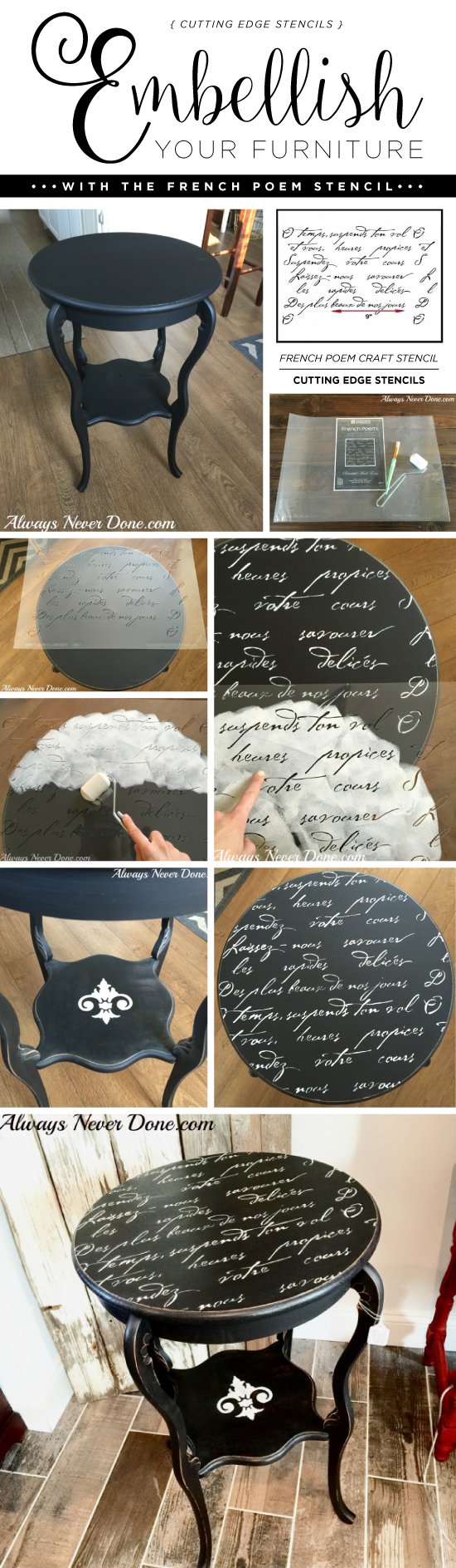 Cutting Edge Stencils shares a DIY side table makeover using the French Poem Craft Stencil and Chalk Paint. http://www.cuttingedgestencils.com/french-poem-diy-craft-stencil-design.html