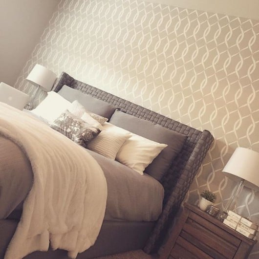 A DIY stenciled bedroom accent wall using the Entwined Allover Stencil from Cutting Edge Stencils. http://www.cuttingedgestencils.com/stencil-pattern-2.html